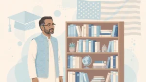 Flat vector illustration of a Pakistani university professor with books and a US flag motif, no text in the artwork