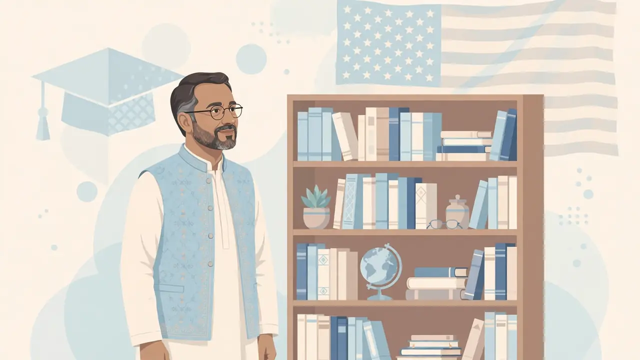 Flat vector illustration of a Pakistani university professor with books and a US flag motif, no text in the artwork