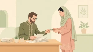 Flat vector illustration of a Pakistani government official reviewing documents at a desk with a woman beneficiary receiving a payment card, pastel background, no text in the artwork