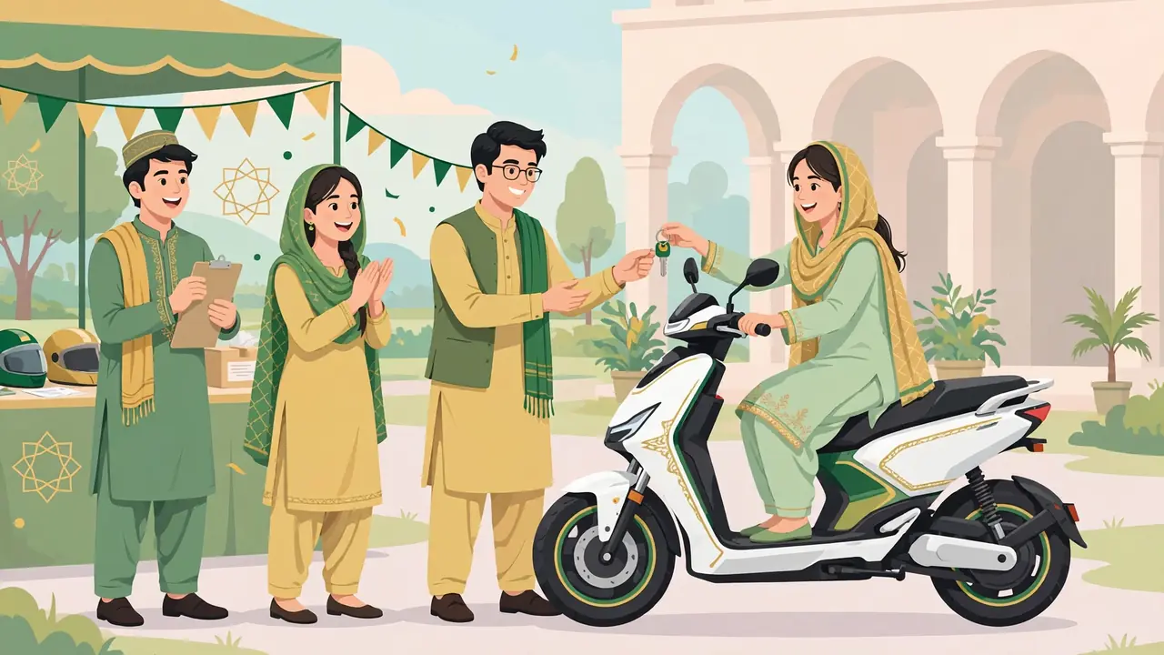 Flat vector illustration of Pakistani students receiving a new electric bike at a campus distribution event, no text in the artwork