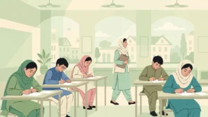 Flat vector illustration of Pakistani exam candidates at desks in a school hall with an invigilator, soft pastel green background, no text in the artwork