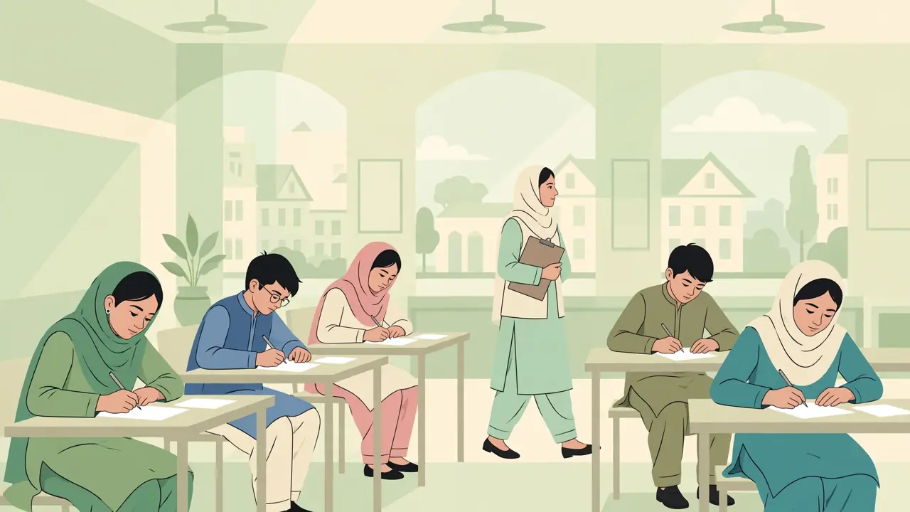 Flat vector illustration of Pakistani exam candidates at desks in a school hall with an invigilator, soft pastel green background, no text in the artwork