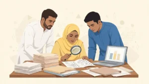 Illustration of Pakistani officials examining exam papers with a magnifying glass, no text in the artwork