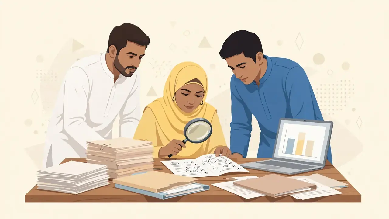 Illustration of Pakistani officials examining exam papers with a magnifying glass, no text in the artwork