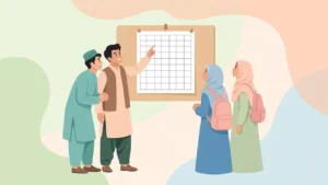 Flat vector illustration of Pakistani college students checking an exam timetable notice board on a pastel background, no text in the artwork