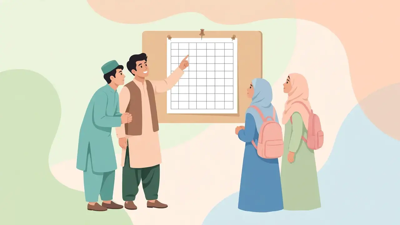 Flat vector illustration of Pakistani college students checking an exam timetable notice board on a pastel background, no text in the artwork