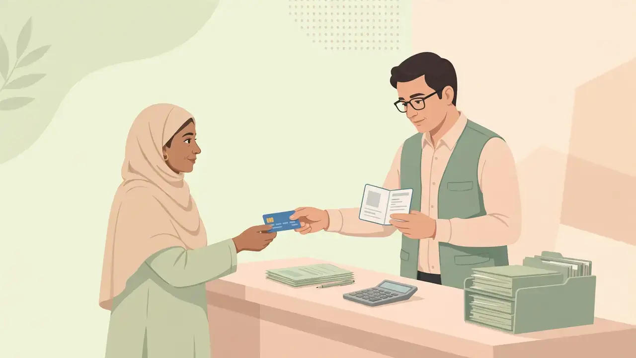 Flat vector illustration of a Pakistani woman beneficiary receiving a payment card at a bank counter