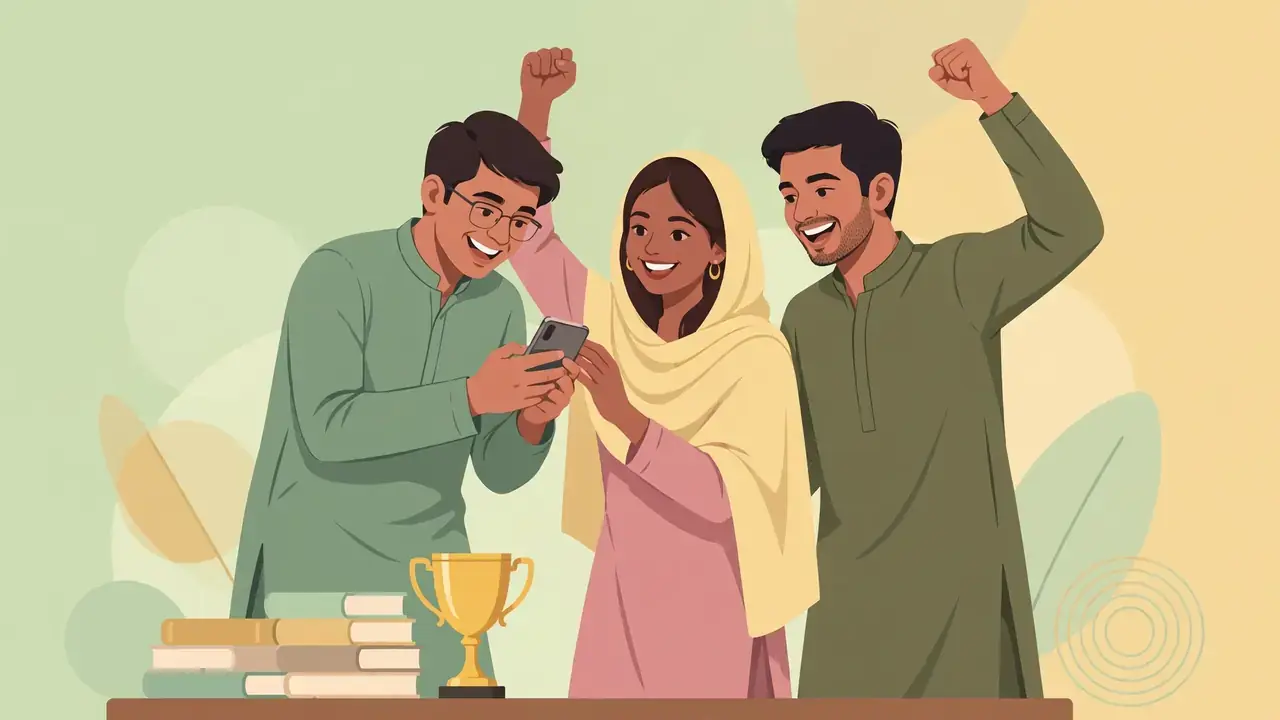 Pakistani college students checking exam result on a phone — flat vector illustration for BISE Sargodha 11th class result 2026