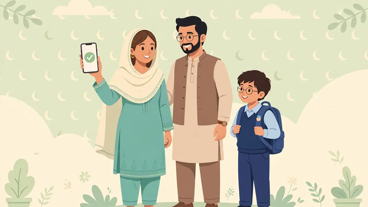Flat vector illustration of a Pakistani family checking a BISP payment message on a phone, no text in the artwork